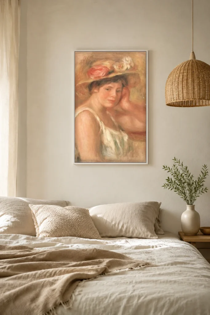 Framed print of Girl in a Hat hanging on a wall in a furnished room