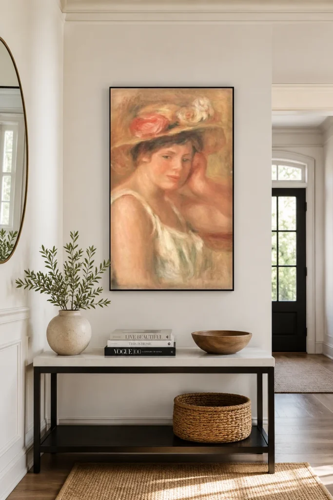 Framed print of Girl in a Hat hanging on a wall in a furnished room