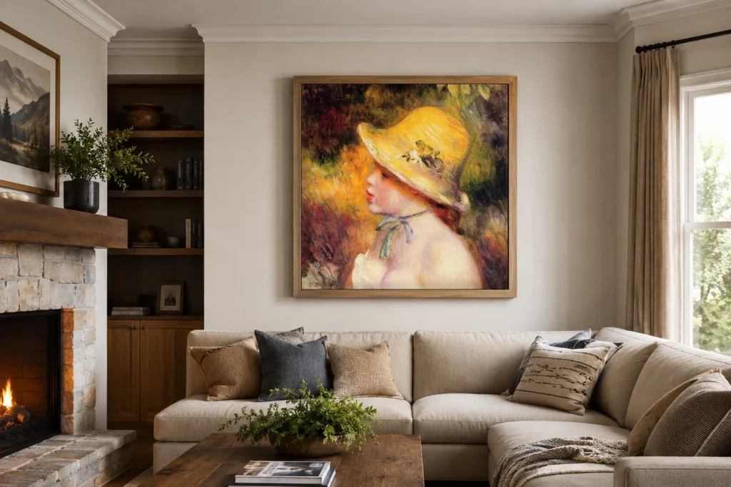 Framed print of Girl in a Straw Hat hanging on a wall in a furnished room