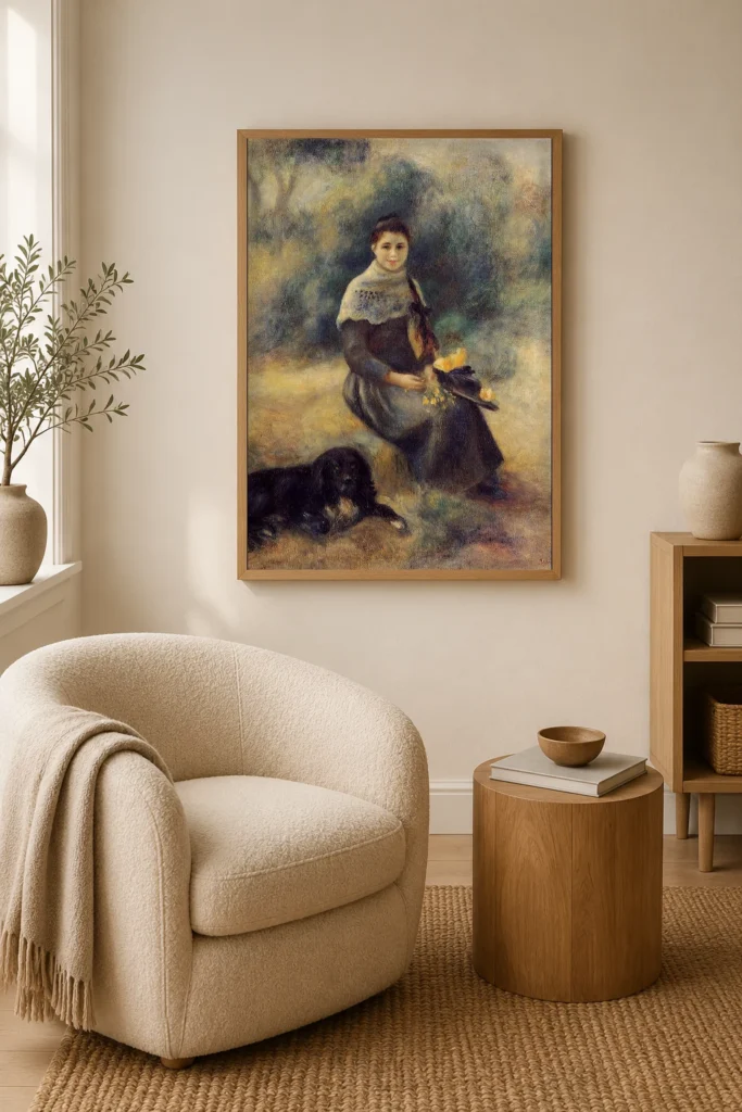 Framed print of Girl with a Dog hanging on a wall in a furnished room