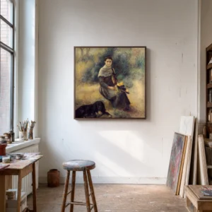 Framed print of Girl with a Dog hanging on a wall in a furnished room