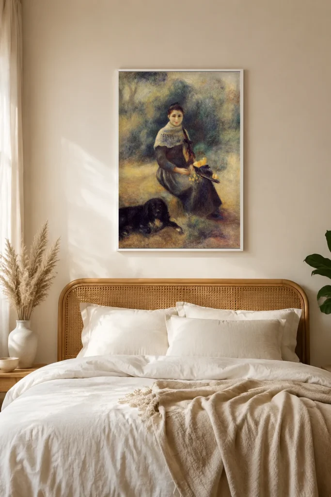 Framed print of Girl with a Dog hanging on a wall in a furnished room