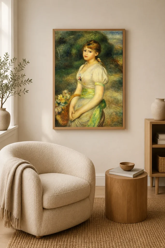 Framed print of Girl with a Basket of Flowers hanging on a wall in a furnished room