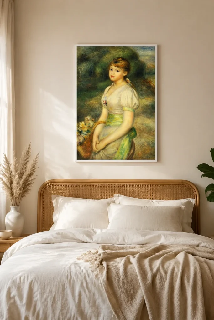 Framed print of Girl with a Basket of Flowers hanging on a wall in a furnished room