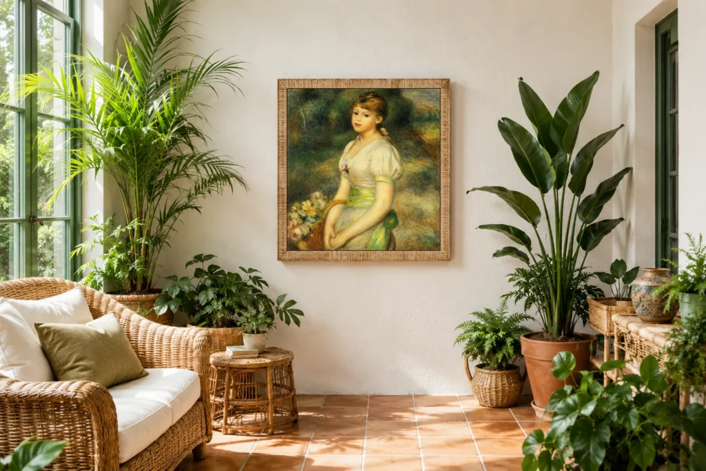 Framed print of Girl with a Basket of Flowers hanging on a wall in a furnished room