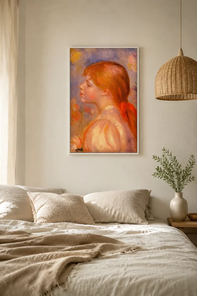 Framed print of Girl with a Red Ribbon, Flowered Background hanging on a wall in a furnished room