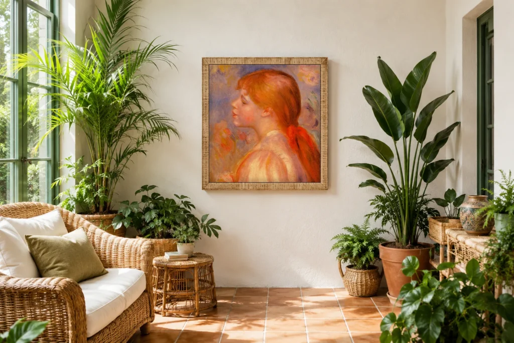 Framed print of Girl with a Red Ribbon, Flowered Background hanging on a wall in a furnished room
