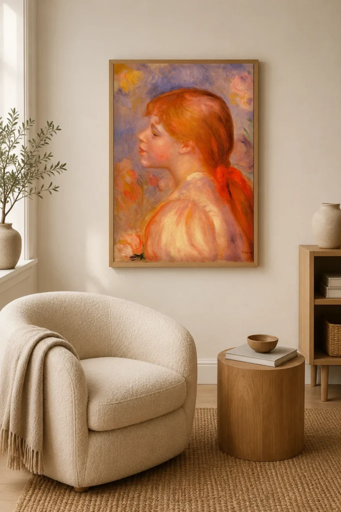 Framed print of Girl with a Red Ribbon, Flowered Background hanging on a wall in a furnished room