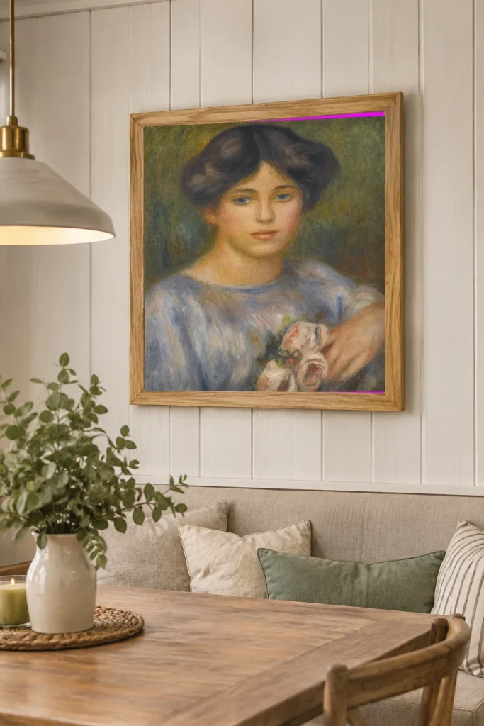 Framed print of Girl with Roses hanging on a wall in a furnished room