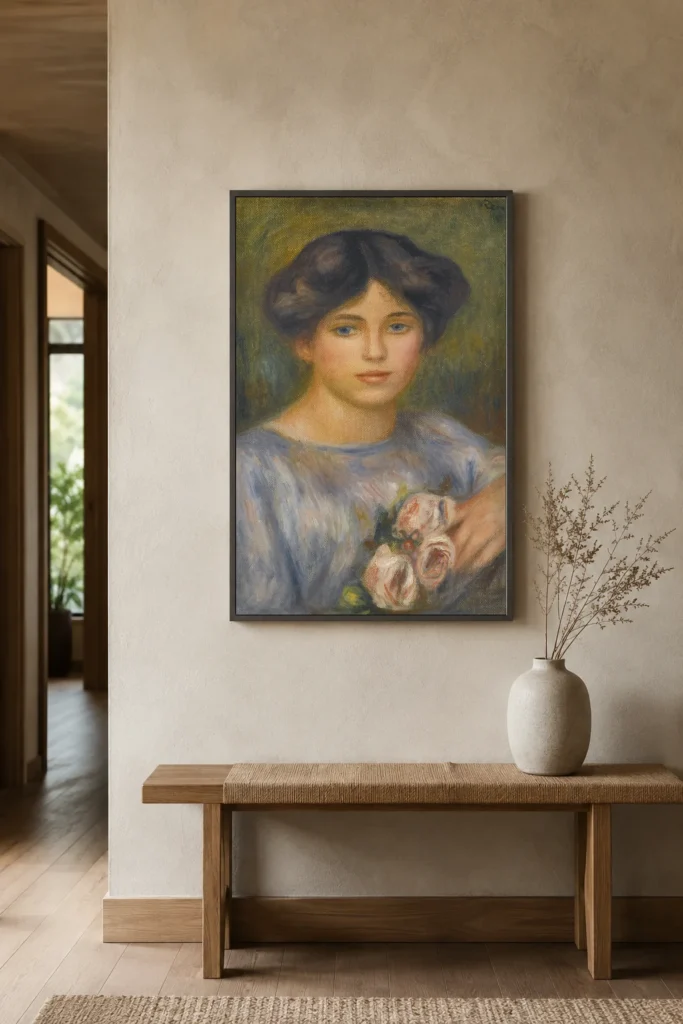 Framed print of Girl with Roses hanging on a wall in a furnished room