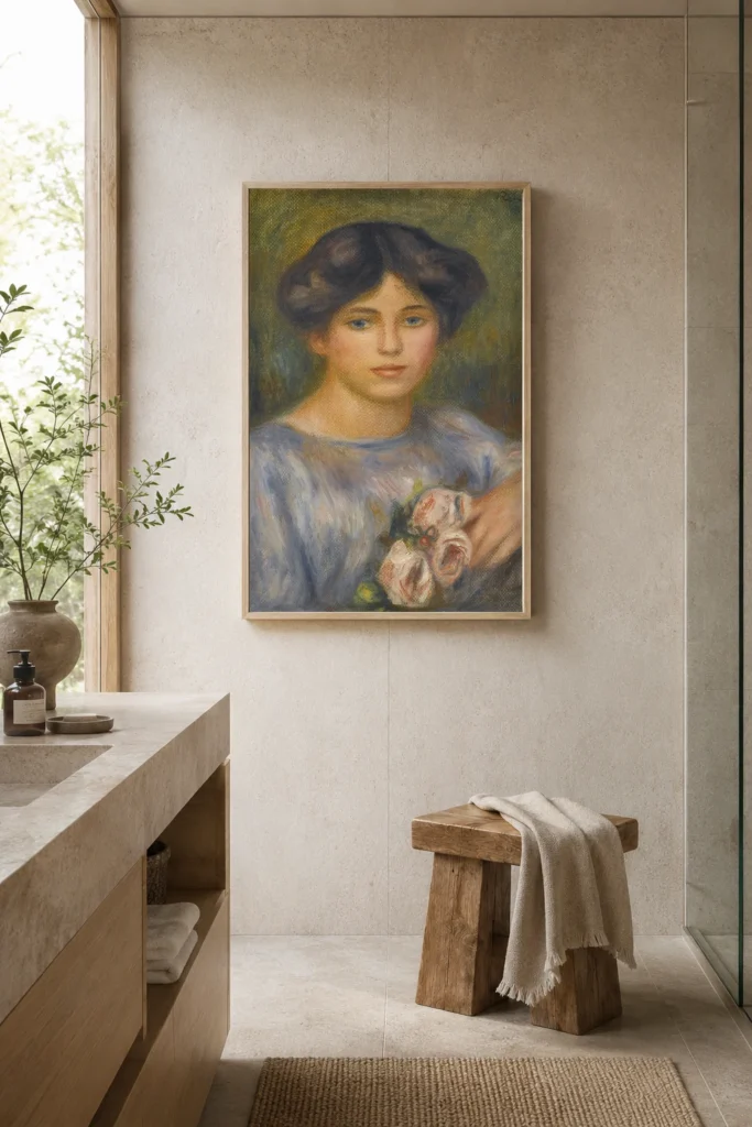 Framed print of Girl with Roses hanging on a wall in a furnished room