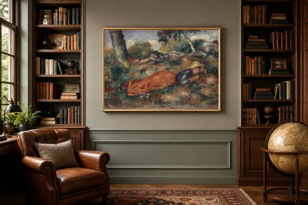 Framed print of Girl Lying on the Grass hanging on a wall in a furnished room