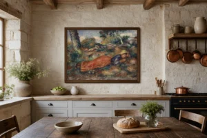 Framed print of Girl Lying on the Grass hanging on a wall in a furnished room