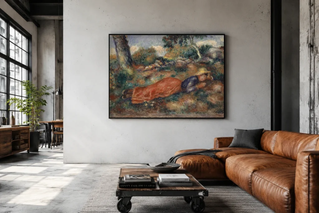 Framed print of Girl Lying on the Grass hanging on a wall in a furnished room