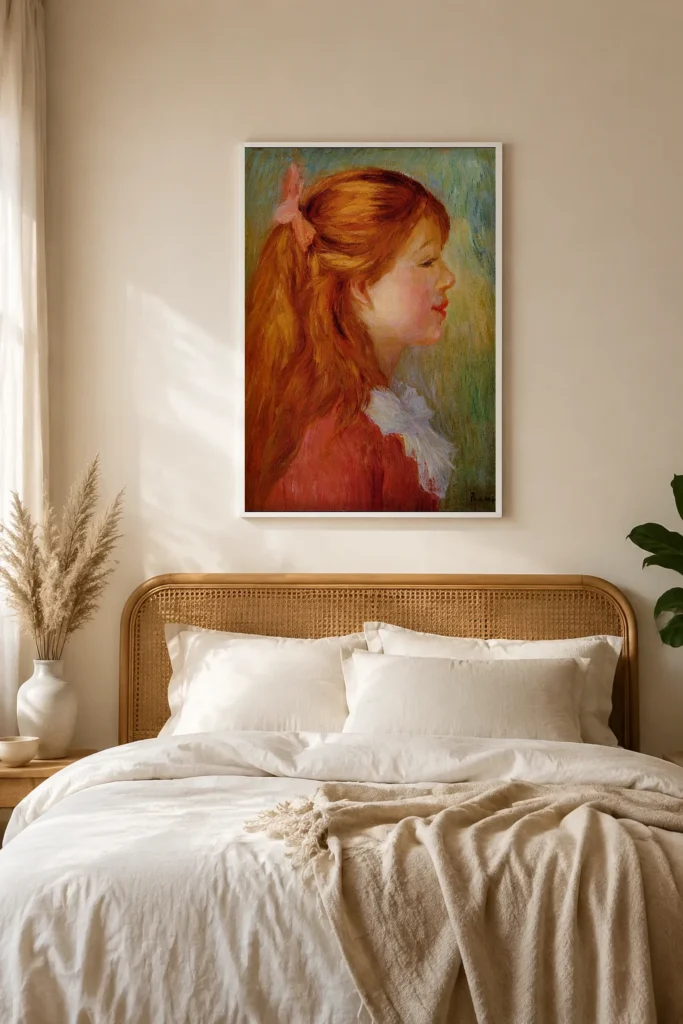 Framed print of Girl in Profile with Long Hair hanging on a wall in a furnished room