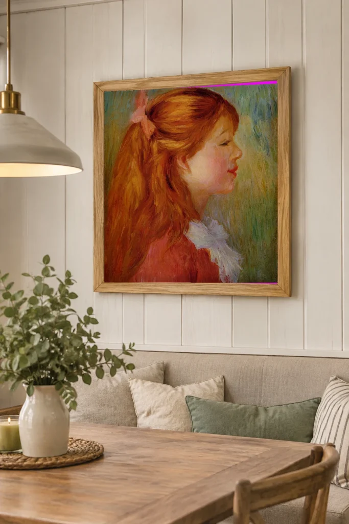 Framed print of Girl in Profile with Long Hair hanging on a wall in a furnished room