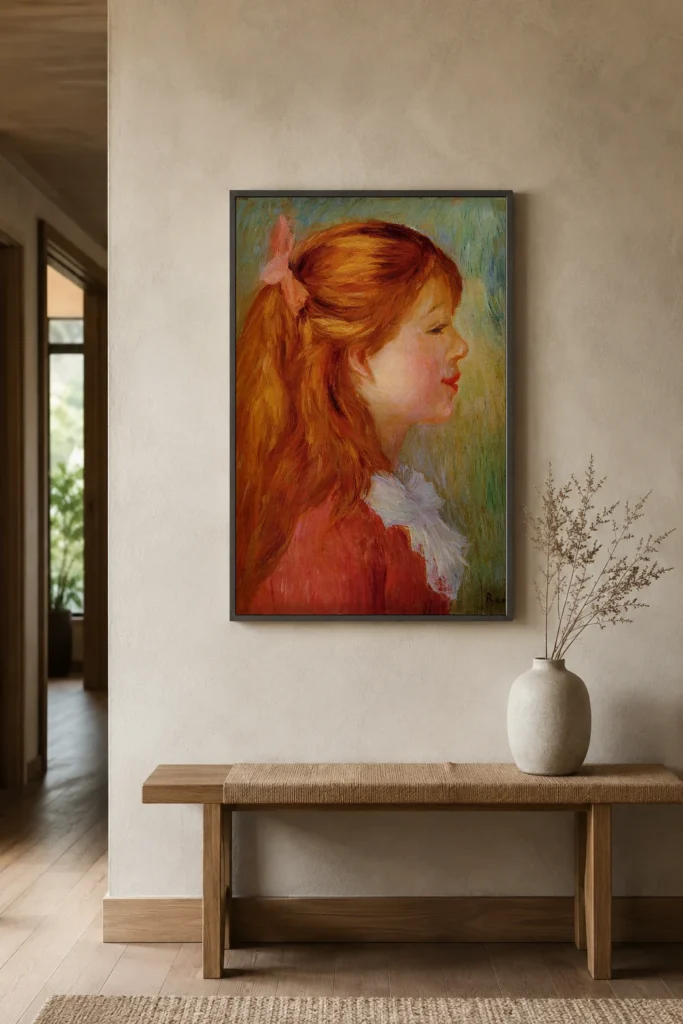 Framed print of Girl in Profile with Long Hair hanging on a wall in a furnished room