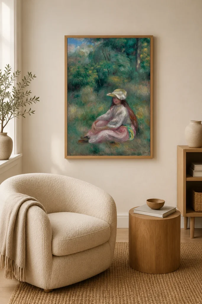 Framed print of Girl in Pink in a Landscape hanging on a wall in a furnished room