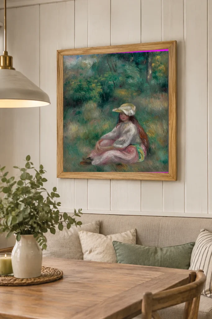 Framed print of Girl in Pink in a Landscape hanging on a wall in a furnished room