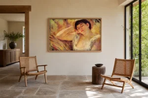 Framed print of Sleeping Girl (The Sleeper) hanging on a wall in a furnished room