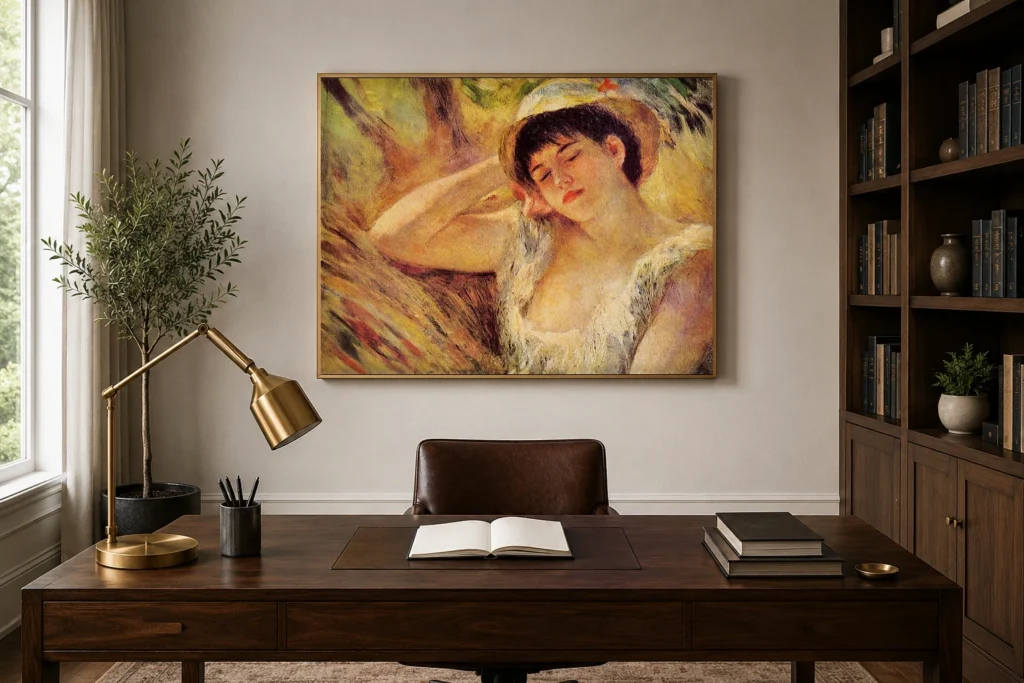 Framed print of Sleeping Girl (The Sleeper) hanging on a wall in a furnished room