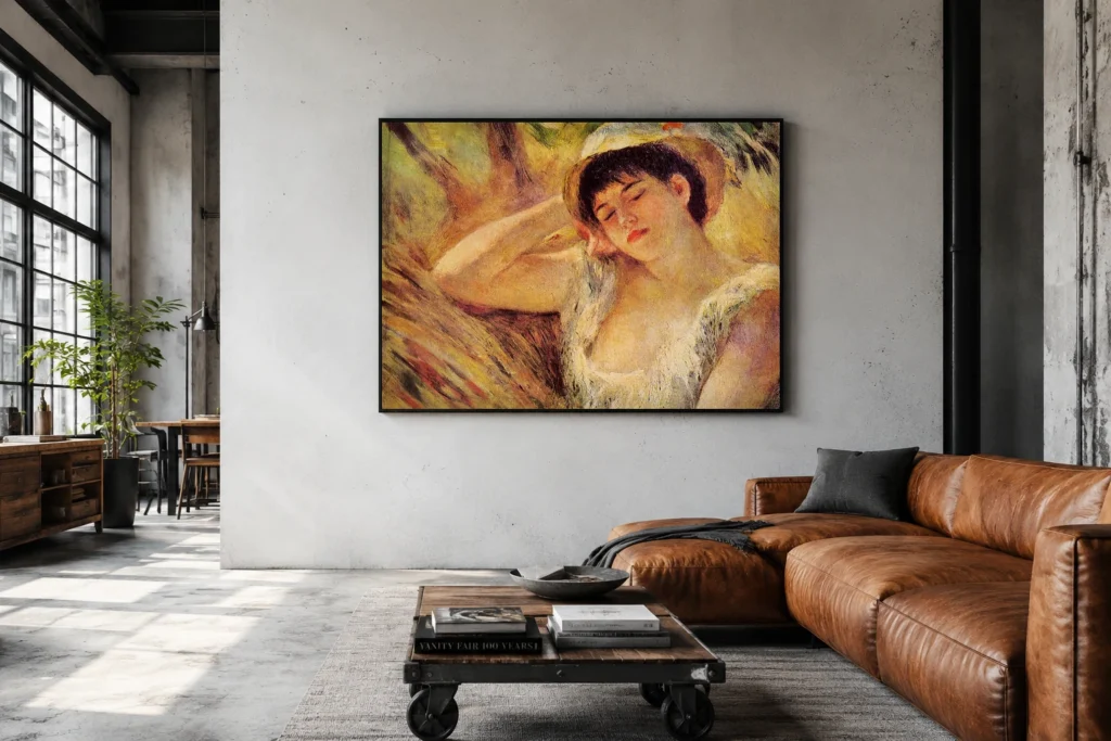 Framed print of Sleeping Girl (The Sleeper) hanging on a wall in a furnished room
