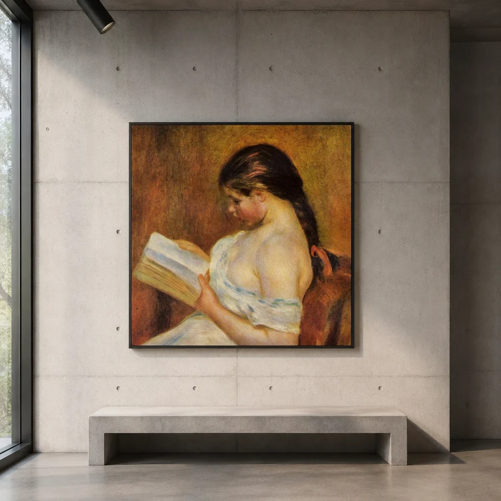 Framed print of Girl Reading, Left Shoulder Bare hanging on a wall in a furnished room