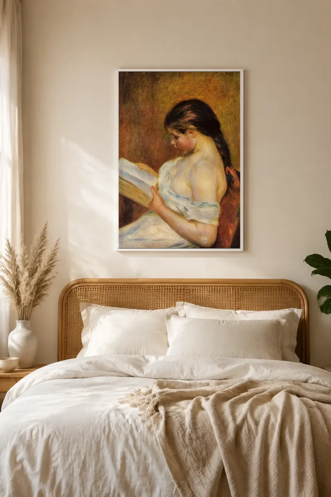 Framed print of Girl Reading, Left Shoulder Bare hanging on a wall in a furnished room