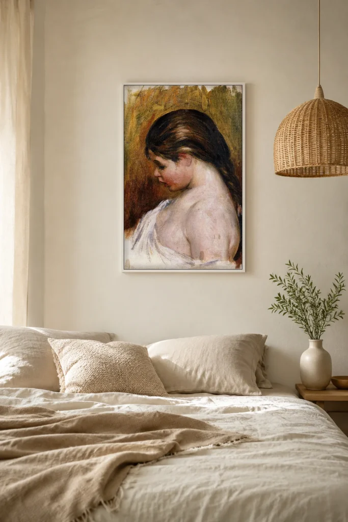 Framed print of Girl Reading, Shoulders Bare hanging on a wall in a furnished room