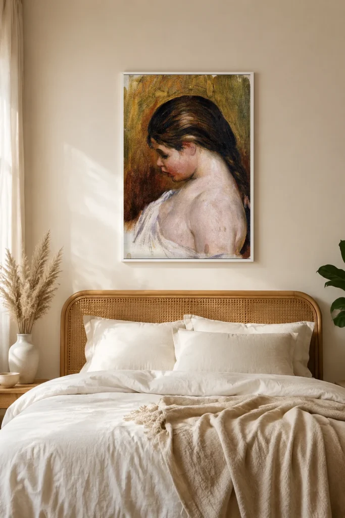 Framed print of Girl Reading, Shoulders Bare hanging on a wall in a furnished room