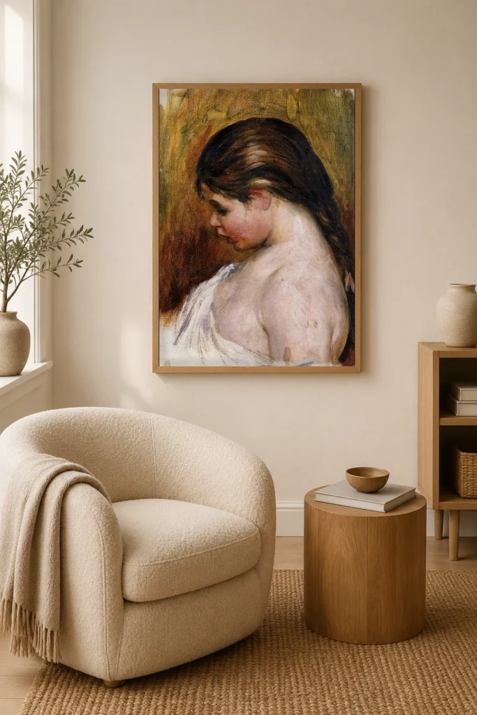 Framed print of Girl Reading, Shoulders Bare hanging on a wall in a furnished room
