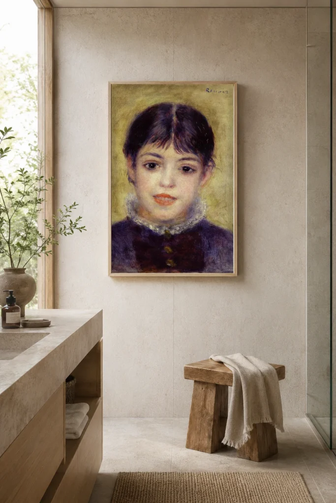 Framed print of Smiling Girl hanging on a wall in a furnished room