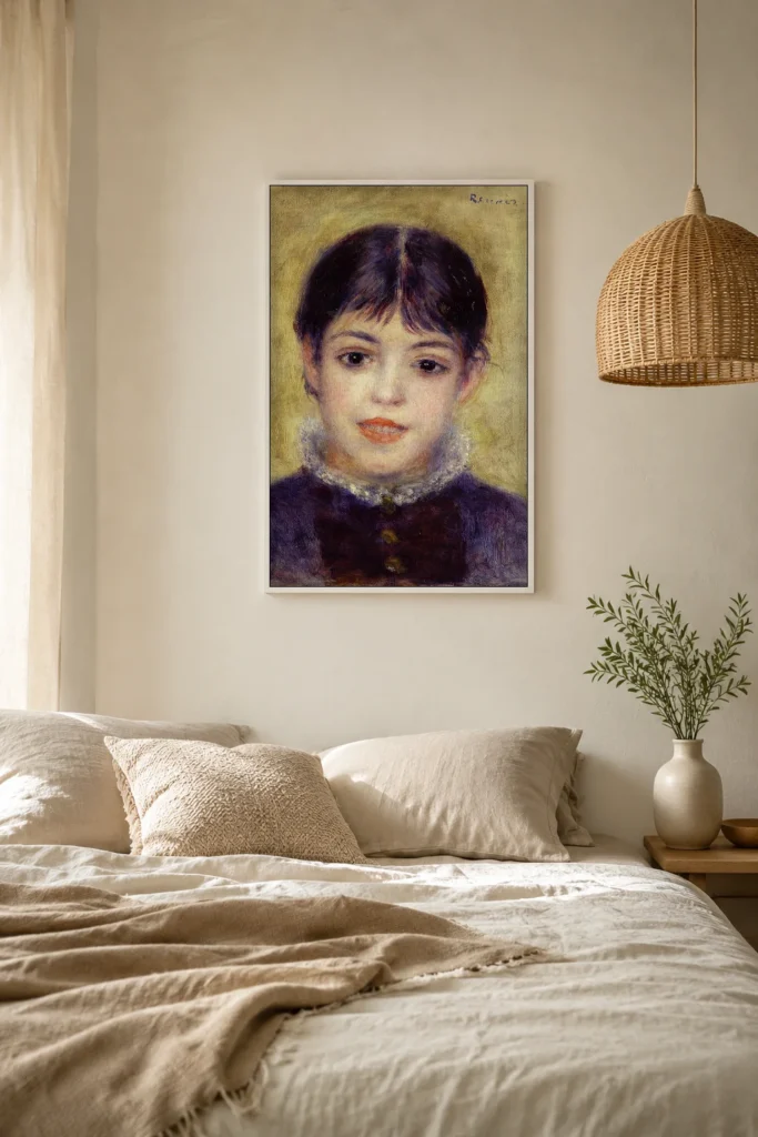 Framed print of Smiling Girl hanging on a wall in a furnished room