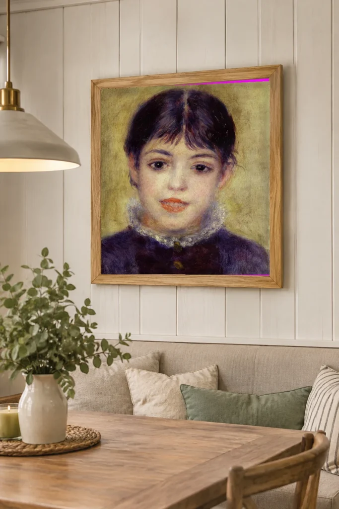 Framed print of Smiling Girl hanging on a wall in a furnished room