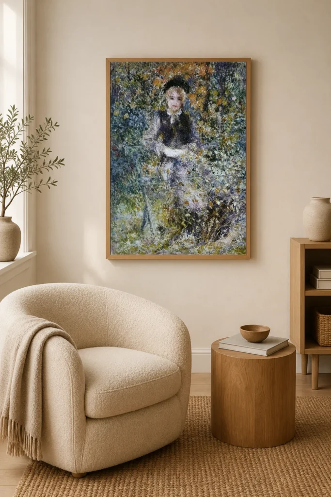 Framed print of Girl on a Bench hanging on a wall in a furnished room