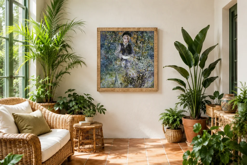 Framed print of Girl on a Bench hanging on a wall in a furnished room