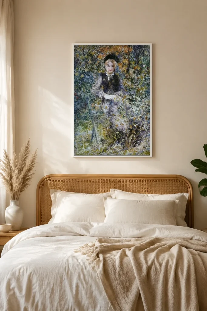 Framed print of Girl on a Bench hanging on a wall in a furnished room