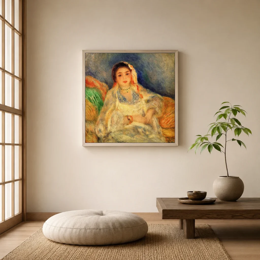 Framed print of Seated Algerian Woman hanging on a wall in a furnished room