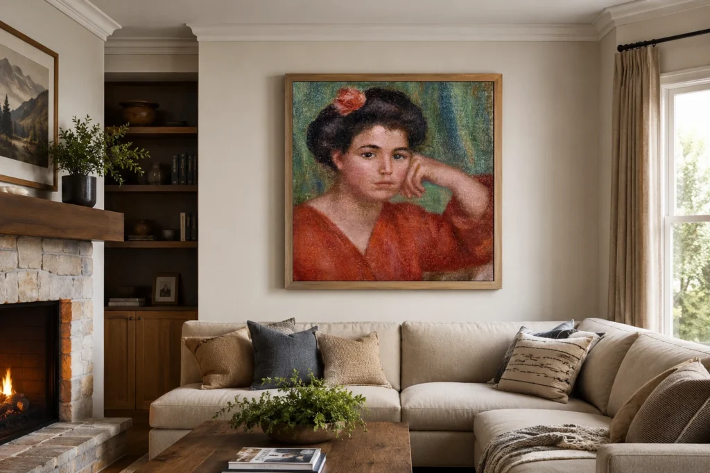 Framed print of Girl with a Rose hanging on a wall in a furnished room