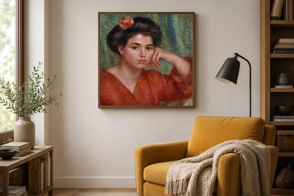 Framed print of Girl with a Rose hanging on a wall in a furnished room