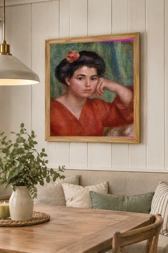 Framed print of Girl with a Rose hanging on a wall in a furnished room