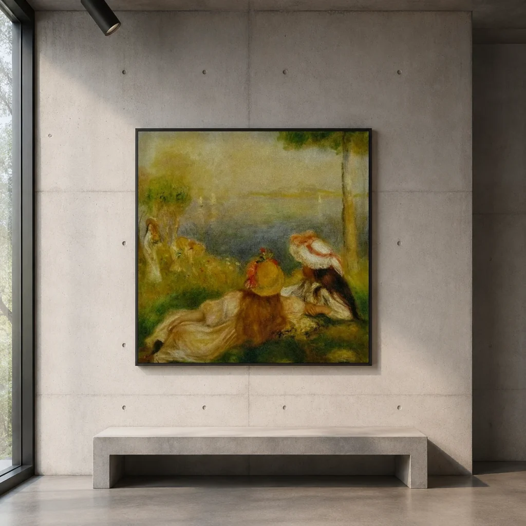 Framed print of Young Girls by the Sea hanging on a wall in a furnished room
