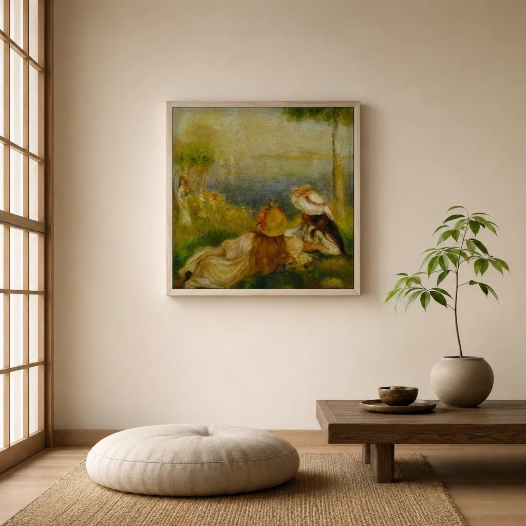 Framed print of Young Girls by the Sea hanging on a wall in a furnished room