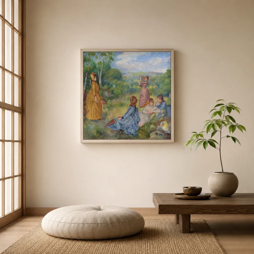 Framed print of Young Girls Playing Badminton hanging on a wall in a furnished room