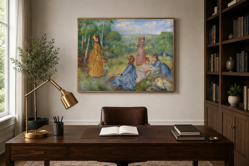 Framed print of Young Girls Playing Badminton hanging on a wall in a furnished room