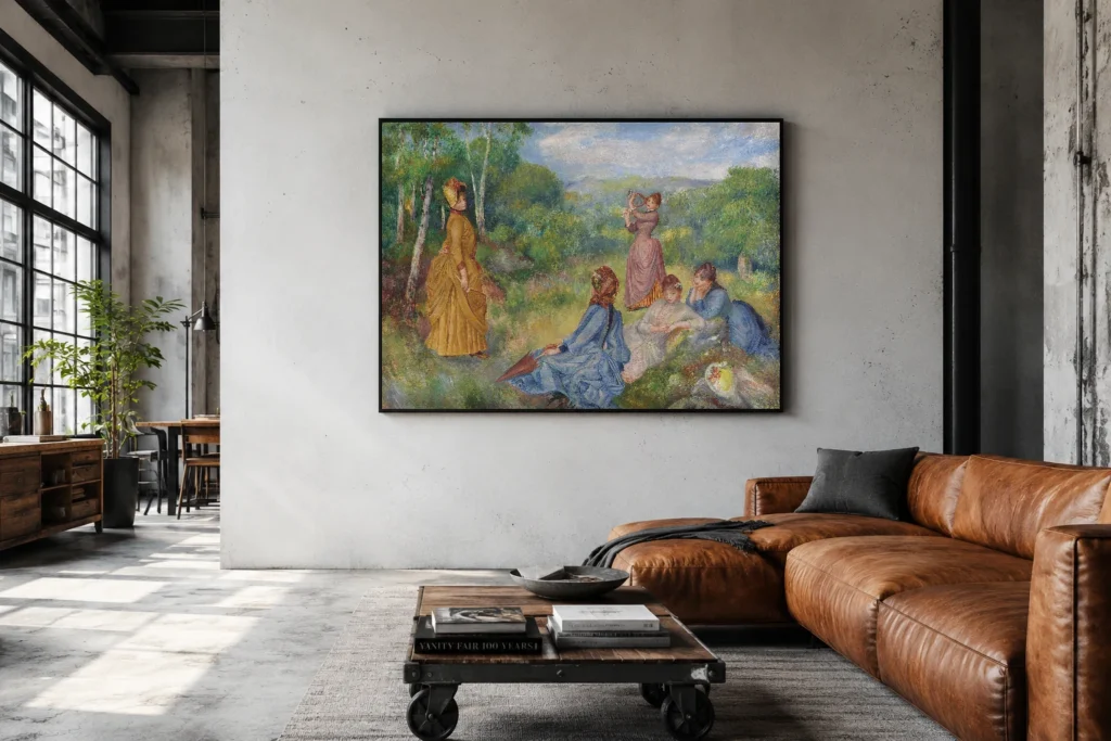 Framed print of Young Girls Playing Badminton hanging on a wall in a furnished room