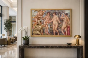 Framed print of Judgement of Paris hanging on a wall in a furnished room