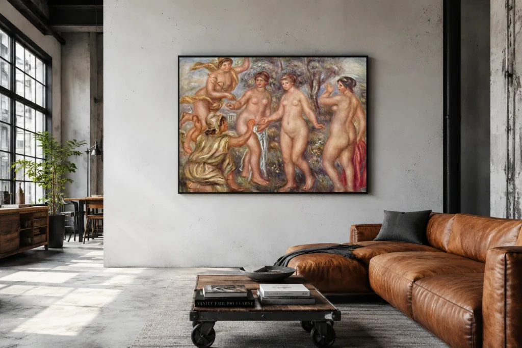 Framed print of Judgement of Paris hanging on a wall in a furnished room