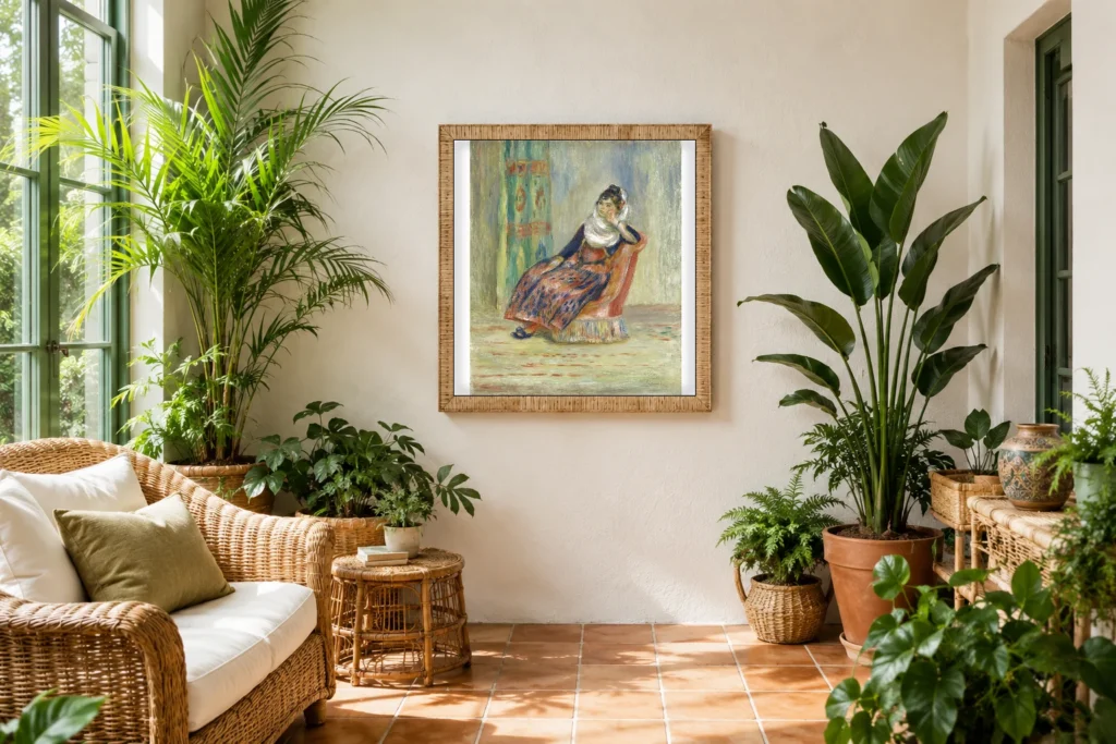 Framed print of The Algerian Woman hanging on a wall in a furnished room