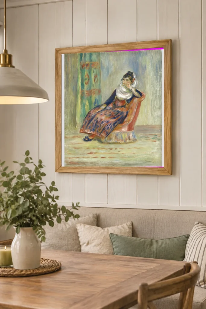 Framed print of The Algerian Woman hanging on a wall in a furnished room